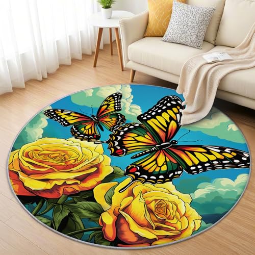 AevuCub Schmetterlinge Blumen Teppich Rund 100cm Kurzflor - Waschbare Teppiche Wohnzimmer Frühlingsmotiven - Runder Teppich 100cm Durchmesser Kinderzimmer - Bettvorleger Schlafzimmer rutschfest Weich AevuCub Schmetterlinge Blumen Teppich Rund 100cm Kurzflor - Waschbare Teppiche Wohnzimmer Frühlingsmotiven - Runder Teppich 100cm Durchmesser Kinderzimmer - Bettvorleger Schlafzimmer rutschfest Weich von AevuCub