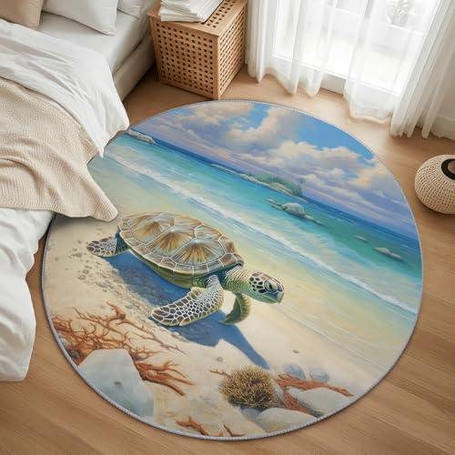 AevuCub Sea Turtle Teppich Rund 160 Kurzflor - Waschbare Teppiche Wohnzimmer Ozean Strand - Runder Teppich 160 Durchmesser Kinderzimmer - Bettvorleger Schlafzimmer rutschfest Weich von AevuCub