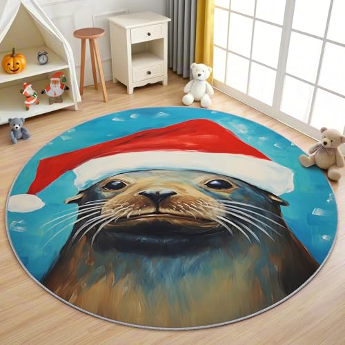 AevuCub Seal Teppich Rund 90 cm Kurzflor - Waschbare Teppiche Wohnzimmer Weihnachtsmotiv - Runder Teppich 90 Durchmesser Kinderzimmer - Bettvorleger Schlafzimmer rutschfest Weich von AevuCub