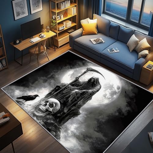 AevuCub Sensenmann Deko, Schwarz Gothic Teppich 120x160 Kurzflor, Teppich Wohnzimmer Horror Totenkopf, Weich rutschfest Waschbare Teppiche, Bettvorleger Schlafzimmer Kinderzimmer von AevuCub