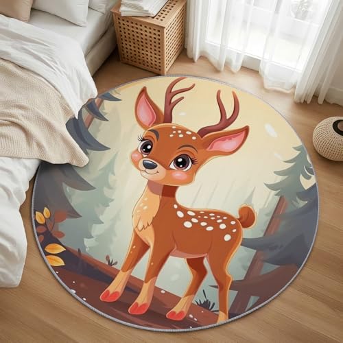 AevuCub Sika Deer Teppich Rund 120cm Kurzflor - Waschbare Teppiche Wohnzimmer Tier Motiv - Runder Teppich 120 Durchmesser Kinderzimmer - Bettvorleger Schlafzimmer rutschfest Weich von AevuCub