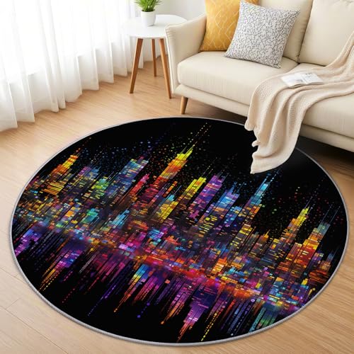 AevuCub Skyline Teppich Rund 90 cm Kurzflor - Waschbare Teppiche Wohnzimmer Neon Modern Stadt Landschaft - Runder Teppich 90 Durchmesser Kinderzimmer - Bettvorleger Schlafzimmer rutschfest Weich AevuCub Skyline Teppich Rund 90 cm Kurzflor - Waschbare Teppiche Wohnzimmer Neon Modern Stadt Landschaft - Runder Teppich 90 Durchmesser Kinderzimmer - Bettvorleger Schlafzimmer rutschfest Weich von AevuCub