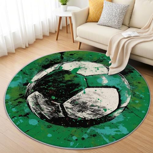 AevuCub Soccer Teppich Rund 100cm Kurzflor - Waschbare Teppiche Wohnzimmer Jungen Teenager Kinder - Runder Teppich 100cm Durchmesser Kinderzimmer - Bettvorleger Schlafzimmer rutschfest Weich von AevuCub