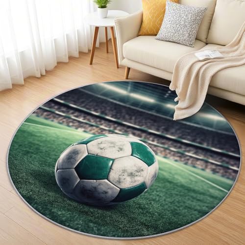AevuCub Soccer Teppich Rund 150cm Kinderzimmer - Waschbare Teppiche Wohnzimmer Fußballmotiv Jungen - Runder Teppich 150 Durchmesser - Bettvorleger Schlafzimmer rutschfest Weich von AevuCub