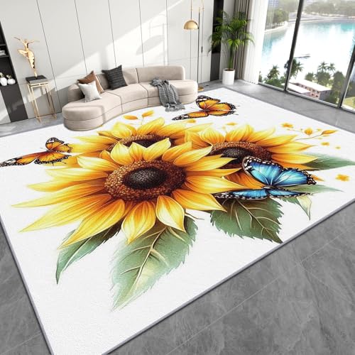AevuCub Sonnenblumen Deko, Sommer Floral Gelb Teppich 120x170 Kurzflor, Teppich Wohnzimmer Bunt Schmetterling, Weich rutschfest Waschbare Teppiche, Bettvorleger Schlafzimmer Kinderzimmer von AevuCub