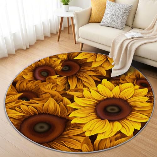 AevuCub Sonnenblumen Teppich Rund 150cm Kinderzimmer - Waschbare Teppiche Wohnzimmer Gelb Blumen - Runder Teppich 150 Durchmesser - Bettvorleger Schlafzimmer rutschfest Weich von AevuCub