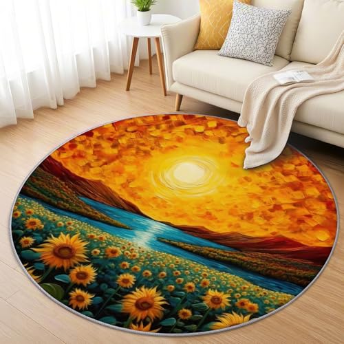 AevuCub Sonnenblumen Teppich Rund 150cm Kinderzimmer - Waschbare Teppiche Wohnzimmer Sonnenuntergang - Runder Teppich 150 Durchmesser - Bettvorleger Schlafzimmer rutschfest Weich von AevuCub