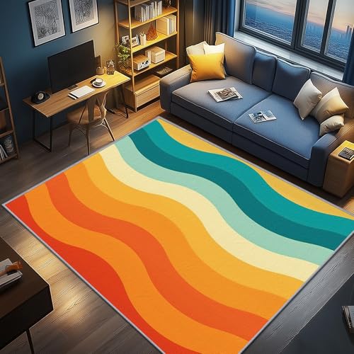 AevuCub Streifen Deko, Regenbogen Streifen Teppich 200x300 Kurzflor, Großer Teppich Wohnzimmer Wellen, Weich rutschfest Waschbare Teppiche, Bettvorleger Schlafzimmer Kinderzimmer von AevuCub