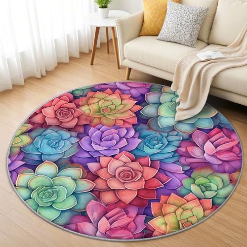 AevuCub Sukkulenten Teppich Rund 120cm Kurzflor - Waschbare Teppiche Wohnzimmer Pflanzenmuster - Runder Teppich 120 Durchmesser Kinderzimmer - Bettvorleger Schlafzimmer rutschfest Weich von AevuCub