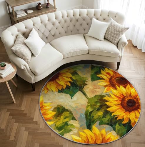 AevuCub Sunflower Teppich Rund 100cm Kurzflor - Waschbare Teppiche Wohnzimmer Blumen ölgemälde - Runder Teppich 100cm Durchmesser Kinderzimmer - Bettvorleger Schlafzimmer rutschfest Weich von AevuCub