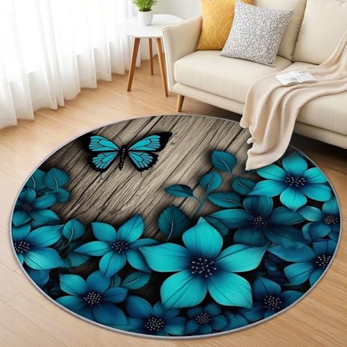 AevuCub Türkis Blumen Teppich Rund 150cm Kinderzimmer - Waschbare Teppiche Wohnzimmer Vintage Holz Schmetterlinge - Runder Teppich 150 Durchmesser - Bettvorleger Schlafzimmer rutschfest Weich AevuCub Türkis Blumen Teppich Rund 150cm Kinderzimmer - Waschbare Teppiche Wohnzimmer Vintage Holz Schmetterlinge - Runder Teppich 150 Durchmesser - Bettvorleger Schlafzimmer rutschfest Weich von AevuCub