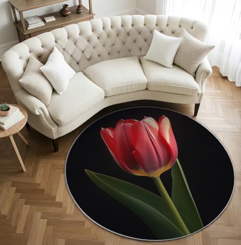 AevuCub Tulips Teppich Rund 160 Kurzflor - Waschbare Teppiche Wohnzimmer Tulpe Blumen - Runder Teppich 160 Durchmesser Kinderzimmer - Bettvorleger Schlafzimmer rutschfest Weich von AevuCub
