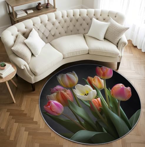 AevuCub Tulpen Teppich Rund 150cm Kinderzimmer - Waschbare Teppiche Wohnzimmer Natur Tulpe Blumen - Runder Teppich 150 Durchmesser - Bettvorleger Schlafzimmer rutschfest Weich von AevuCub