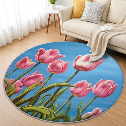 AevuCub Tulpen Teppich Rund 200cm Kurzflor - Waschbare Teppiche Wohnzimmer Natur Tulpe Blumen - Runder Teppich 200 cm Durchmesser Kinderzimmer - Bettvorleger Schlafzimmer rutschfest Weich von AevuCub