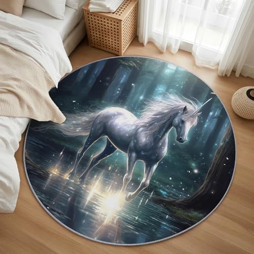 AevuCub Unicorn Teppich Rund 200cm Kurzflor - Waschbare Teppiche Wohnzimmer Mädchen Kinder - Runder Teppich 200 cm Durchmesser Kinderzimmer - Bettvorleger Schlafzimmer rutschfest Weich von AevuCub