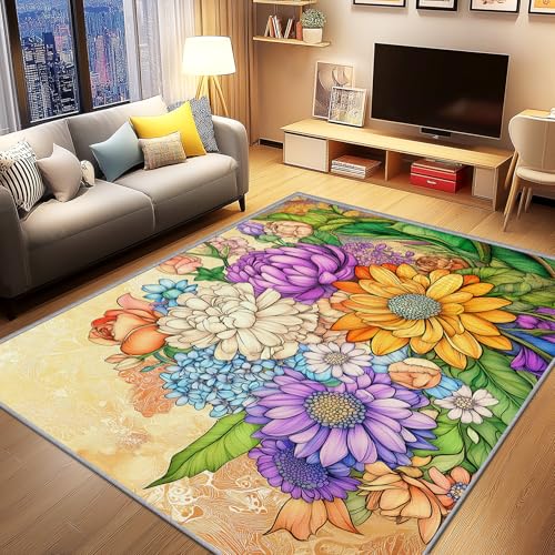 AevuCub Vintage Blumen Deko, Chrysanthemen Teppich 160x200 Kurzflor, Teppich Wohnzimmer Bunt Blumen, Weich rutschfest Waschbare Teppiche, Bettvorleger Schlafzimmer Kinderzimmer von AevuCub