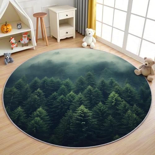 AevuCub Wald Teppich Rund 150cm Kinderzimmer - Waschbare Teppiche Wohnzimmer Natur Landschaft - Runder Teppich 150 Durchmesser - Bettvorleger Schlafzimmer rutschfest Weich von AevuCub