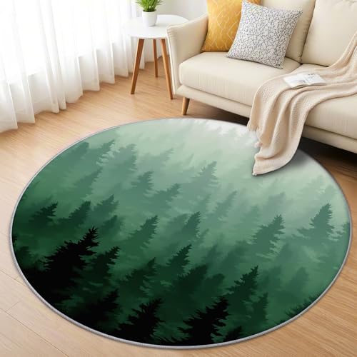 AevuCub Wald Teppich Rund 60 cm Kurzflor - Waschbare Teppiche Wohnzimmer Natur Motiv Grün - Runder Teppich 60 cm Durchmesser Kinderzimmer - Bettvorleger Schlafzimmer rutschfest Weich von AevuCub
