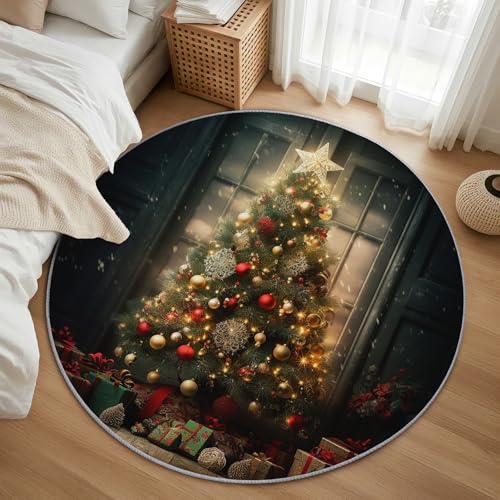 AevuCub Weihnachtsbaum Teppich Rund 160 Kurzflor - Waschbare Teppiche Wohnzimmer Weihnachten - Runder Teppich 160 Durchmesser Kinderzimmer - Bettvorleger Schlafzimmer rutschfest Weich von AevuCub