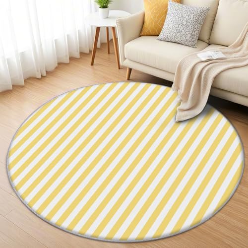 AevuCub Weiß Gelb Teppich Rund 200cm Kurzflor - Waschbare Teppiche Wohnzimmer Streifen - Runder Teppich 200 cm Durchmesser Kinderzimmer - Bettvorleger Schlafzimmer rutschfest Weich von AevuCub