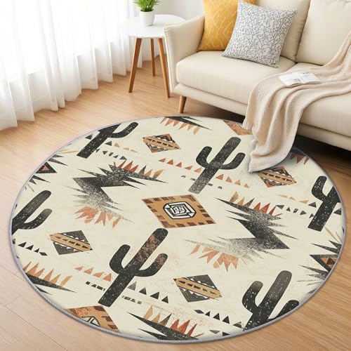 AevuCub Western Boho Teppich Rund 90 cm Kurzflor - Waschbare Teppiche Wohnzimmer Böhmisches Geometrisches Kaktus - Runder Teppich 90 Durchmesser - Bettvorleger Schlafzimmer rutschfest Weich von AevuCub
