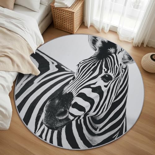 AevuCub Zebra Teppich Rund 150cm Kinderzimmer - Waschbare Teppiche Wohnzimmer Safari Tiere Motiv - Runder Teppich 150 Durchmesser - Bettvorleger Schlafzimmer rutschfest Weich von AevuCub