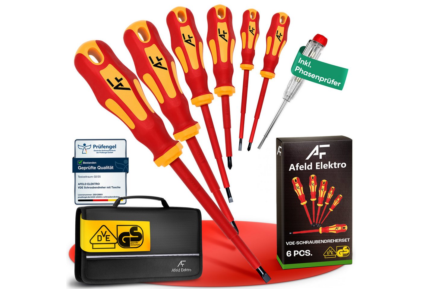 Afeld Elektro Schraubendreher VDE Elektriker 7er Set, (8 St), 1.000V, S2-Stahl, Ergonomisch, mit Phasenprüfer und Tasche von Afeld Elektro