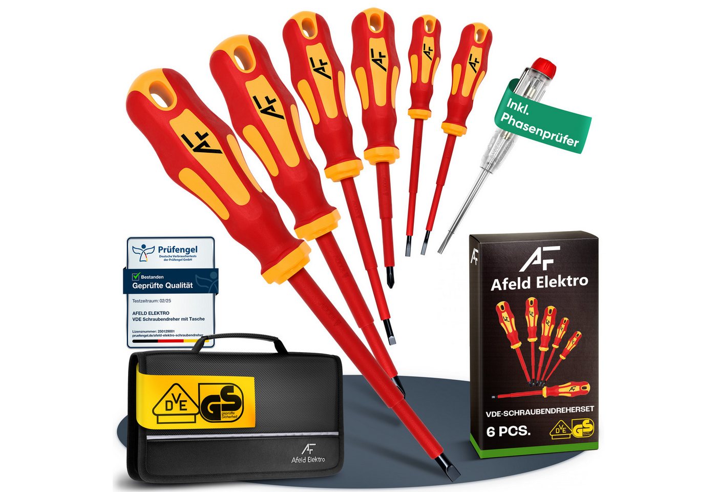 Afeld Elektro Schraubendreher VDE Elektriker Set 8-tlg., (8 St), bis 1.000V, S2-Stahl, Ergonomisch, Magnetisch, Phasenprüfer, Tasche von Afeld Elektro