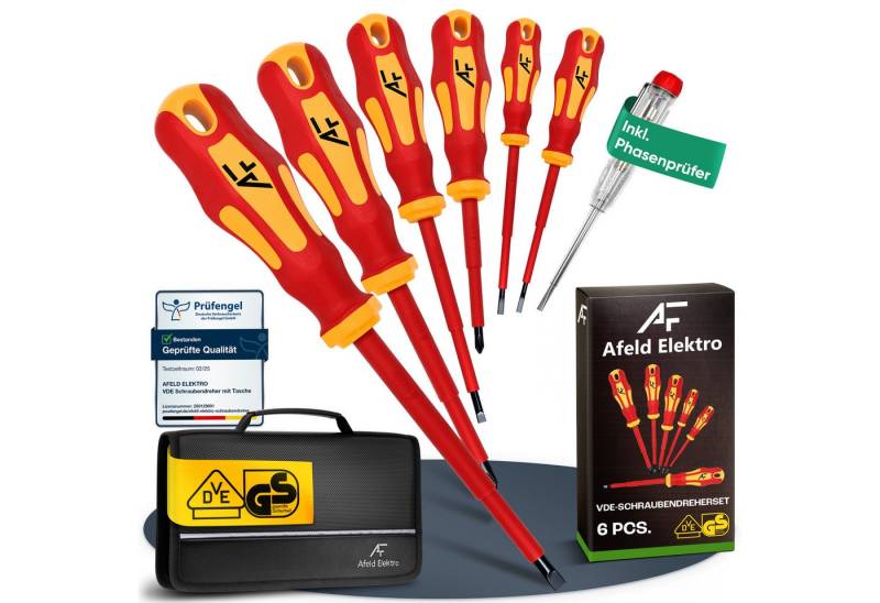 Afeld Elektro Schraubendreher VDE Elektriker Set 8-tlg., (8 St), bis 1.000V, S2-Stahl, Ergonomisch, Magnetisch, Phasenprüfer, Tasche von Afeld Elektro