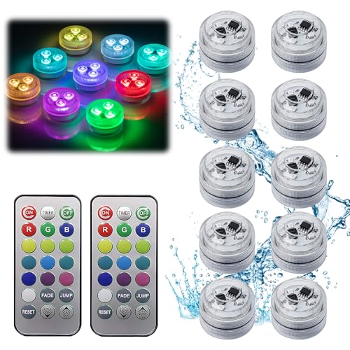 Afenau Mini Unterwasser Licht, 10 Stück LED Teelichter Bunt mit 2 Fernbedienung, 13 Farben RGB Mini Unterwasser Led Licht für Vase Base Aquarium Pool Teich Garten Halloween Party von Afenau