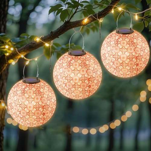 Solar Lampions Außen Wetterfest, 3 Stück 25 cm Lampions Led Solar, Retro Solarlampions für Außen Hängend, Nylon SOLAR Lampion für Garten, Balkon,Terrasse, Hof, Hochzeit, Party, Fest Deko von Afenau