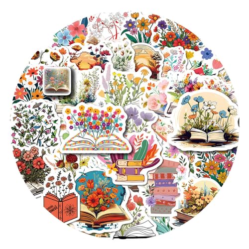 Bücher Kunst Blumen Aufkleber für Laptop (50PCS),Geschenk für Kinder Jugendliche Erwachsene Jungen,Blumen Wasserdicht Vinyl Aufkleber Stickers für Scrapbook,Skateboard,Auto,Gepäck von Affoto
