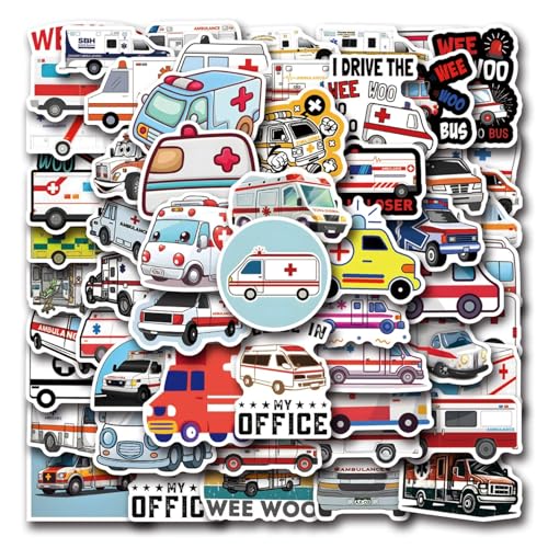 Die Ambulance Aufkleber für Laptop(50PCS),Geschenk für Kinder Jugendliche Erwachsene Jungen,Rettungsfahrzeuge Wasserdicht Vinyl Aufkleber Stickers für Scrapbook,Skateboard,Auto,Gepäck von Affoto