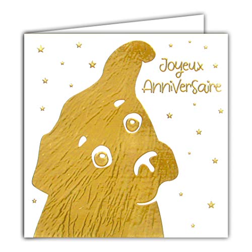 Quadratische Karte, goldfarben, Aufschrift „Joyeux Anniversaire“ für Hunde, Welpen, Textur, Fell von Afie