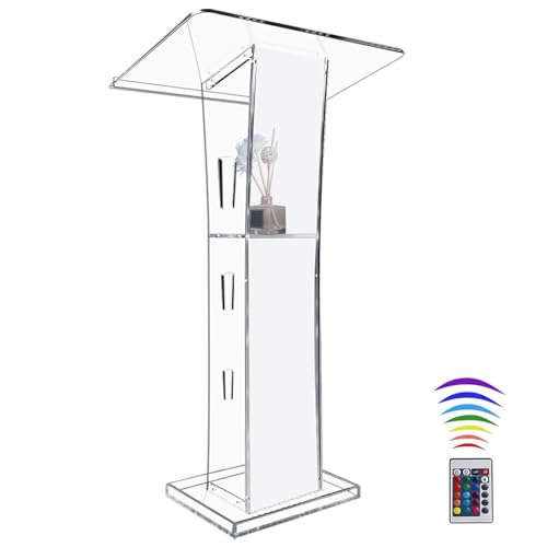 Afitdon Acryl Podium, Transparenter Acryl Rednerpult mit Speicher Regal, Kirche Kanzel mit 15 Farbe LED-Licht, Stabilität Podium Ständer for Kirche, Vortrag, Hochzeit, Klassenzimmer(23.6"x16"x 45.2") von Afitdon