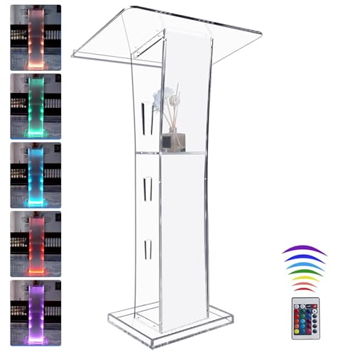 Afitdon Acryl Podium, Transparenter Acryl Rednerpult mit Speicher Regal, Kirche Kanzel mit 15 Farbe LED-Licht, Stabilität Podium Ständer for Kirche, Vortrag, Hochzeit, Klassenzimmer(23.6"x16"x 45.2") von Afitdon
