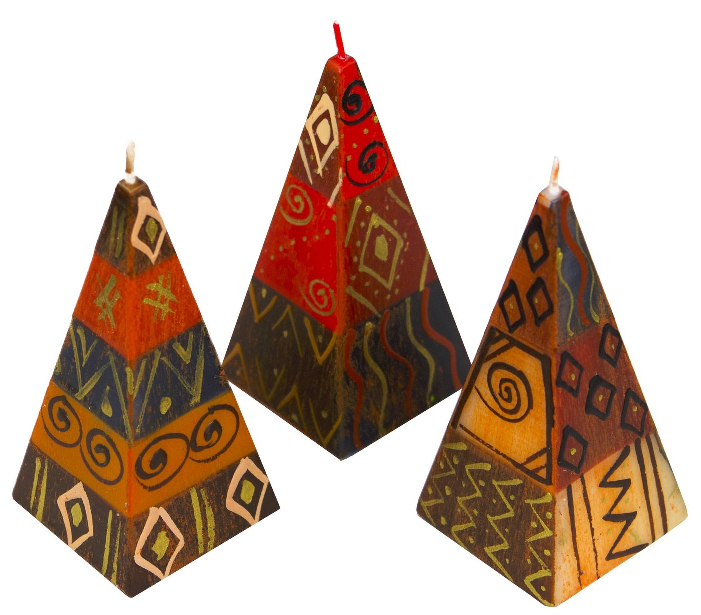 Afrika-Deko Formkerze 3er Set afrikanische Pyramidenkerzen (Spar-Set, 3 Kerzen), Afrika-Deko 3er Kerzenset handbemalte Pyramidenkerzen aus Afrika handgefertigte afrikanische Pyramiden Kerze in verschiedene Designs von Afrika-Deko