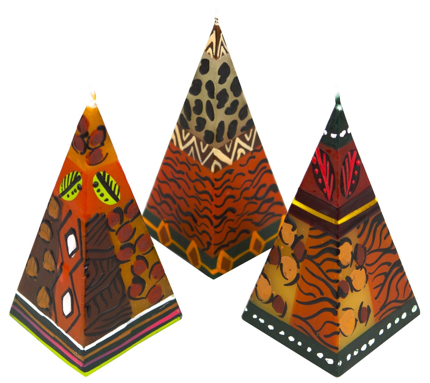 Afrika-Deko Formkerze 3er Set afrikanische Pyramidenkerzen (Spar-Set, 3 Kerzen), Afrika-Deko 3er Kerzenset handbemalte Pyramidenkerzen aus Afrika handgefertigte afrikanische Pyramiden Kerze in verschiedene Designs von Afrika-Deko