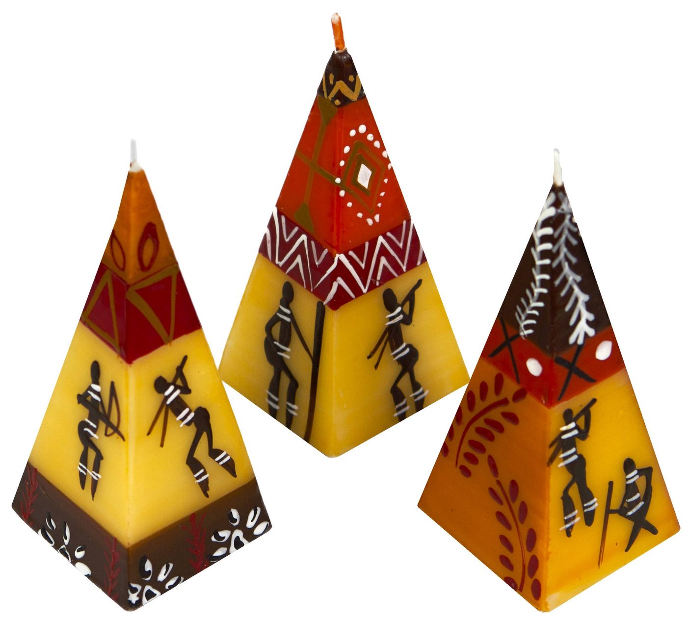 Afrika-Deko Formkerze 3er Set afrikanische Pyramidenkerzen (Spar-Set, 3 Kerzen), Afrika-Deko 3er Kerzenset handbemalte Pyramidenkerzen aus Afrika handgefertigte afrikanische Pyramiden Kerze in verschiedene Designs von Afrika-Deko