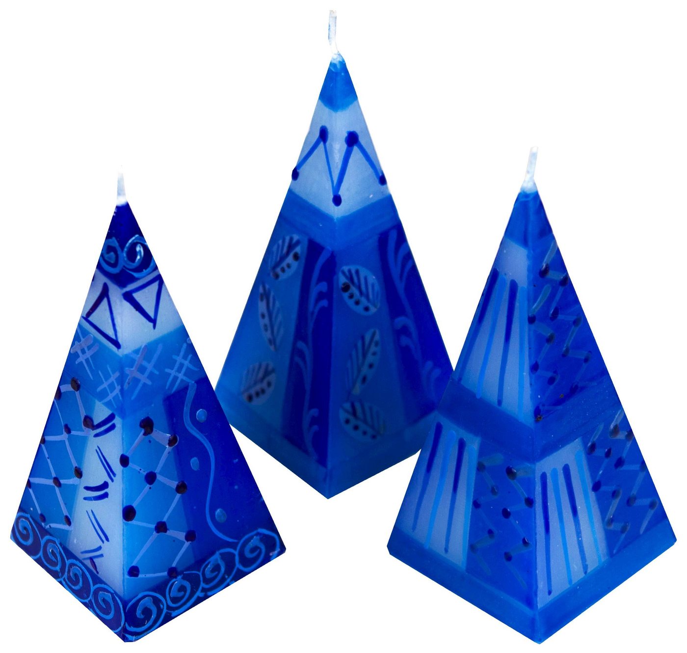 Afrika-Deko Formkerze 3er Set afrikanische Pyramidenkerzen (Spar-Set, 3 Kerzen), Afrika-Deko 3er Kerzenset handbemalte Pyramidenkerzen aus Afrika handgefertigte afrikanische Pyramiden Kerze in verschiedene Designs von Afrika-Deko