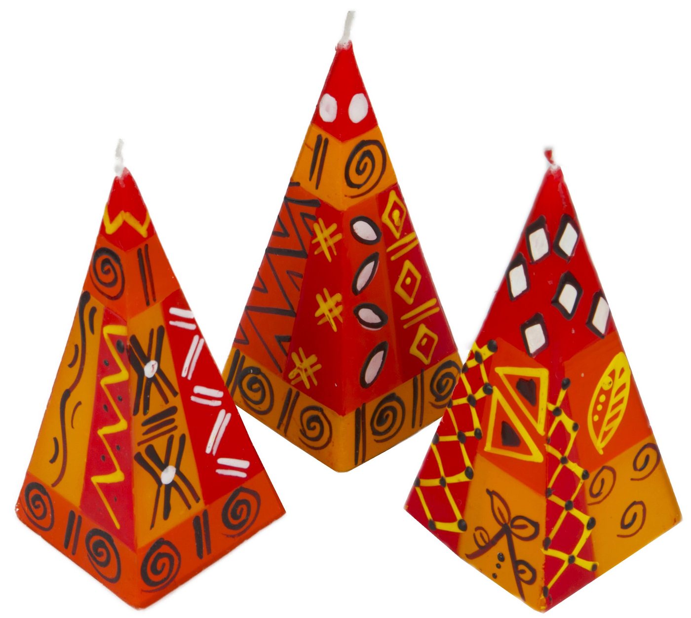 Afrika-Deko Formkerze 3er Set afrikanische Pyramidenkerzen (Spar-Set, 3 Kerzen), Afrika-Deko 3er Kerzenset handbemalte Pyramidenkerzen aus Afrika handgefertigte afrikanische Pyramiden Kerze in verschiedene Designs von Afrika-Deko