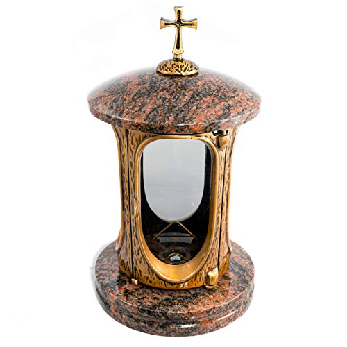 Afterglow Stilvolle Grablaterne Elégant mit Kreuz Granit Aurora India Höhe 27 cm/Ø 15 cm Grableuchte Grablicht Grablampe Granitlampe Granitlaterne Bronze mit Sockel Grabschmuck von Afterglow