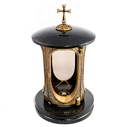 Stilvolle Grablaterne Elégant mit Kreuz Granit Schwedisch Black Höhe 27 cm/Ø 15 cm Grableuchte Grablicht Grablampe Granitlampe Granitlaterne Bronze mit Sockel Grabschmuck von Afterglow