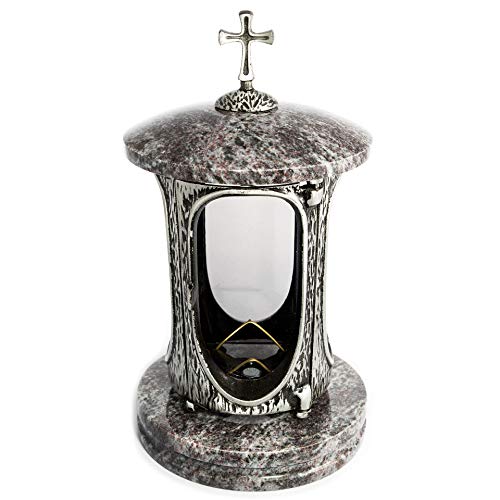 Stilvolle Grablaterne Anthrazit mit Kreuz Granit Orion hell Höhe 27 cm/Ø 15 cm Grableuchte Grablicht Grablampe Granitlampe Granitlaterne Bronze mit Sockel Grabschmuck von Afterglow