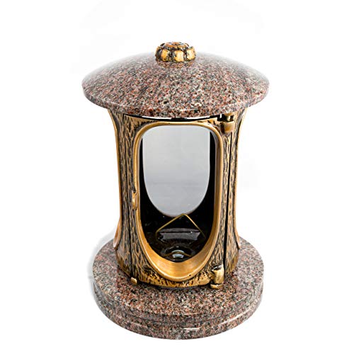 Stilvolle Grablaterne Elégant Granit Paradiso Höhe 23 cm/Ø 15 cm Grableuchte Grablicht Grablampe Granitlampe Granitlaterne Bronze mit Sockel Grabschmuck von Afterglow
