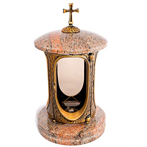 Stilvolle Grablaterne Elégant mit Kreuz Granit Multicolor Red Höhe 27 cm/Ø 15 cm Grableuchte Grablicht Grablampe Granitlampe Granitlaterne Bronze mit Sockel Grabschmuck von Afterglow