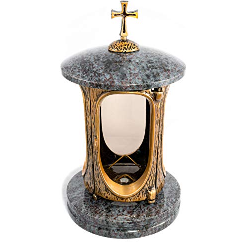 Stilvolle Grablaterne Elégant mit Kreuz Granit Orion dunkel Höhe 27 cm/Ø 15 cm Grableuchte Grablicht Grablampe Granitlampe Granitlaterne Bronze mit Sockel Grabschmuck von Afterglow