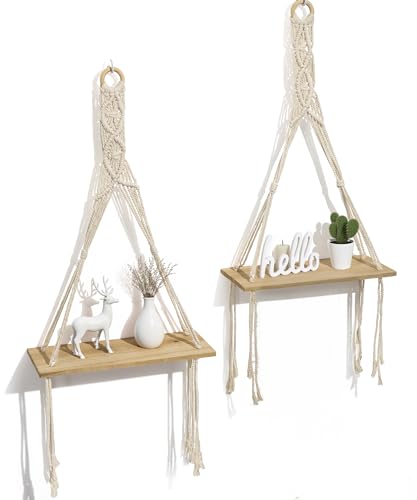 Afuly Wandregal Holz Wand Regal Makrame Hängeregal Boho Schaukel Pflanzenständer Wohnzimmer Schlafzimmer,2er Set von Afuly
