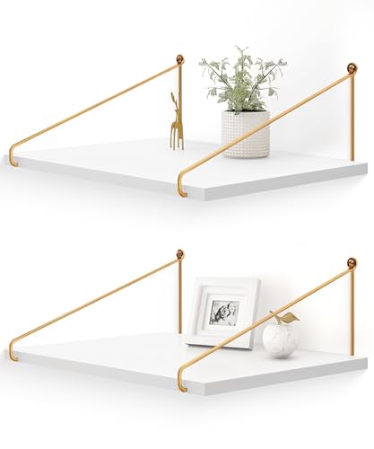 Afuly Wandregal Weiß Holz Gold Metall Regal Wand 42x30cm Breit Regale für Wände Badezimmer Küche Schlafzimmer Wohnzimmer 2er Set von Afuly