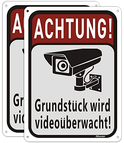 Achtung Videoüberwachung Schild 25x18cm Alu Schild Achtung Grundstück wird videoüberwacht Metall Warnschild Kameraüberwachung Warnung für CCTV Sicherheitskamera Schilder für Home Business 2 Stück von Afuven